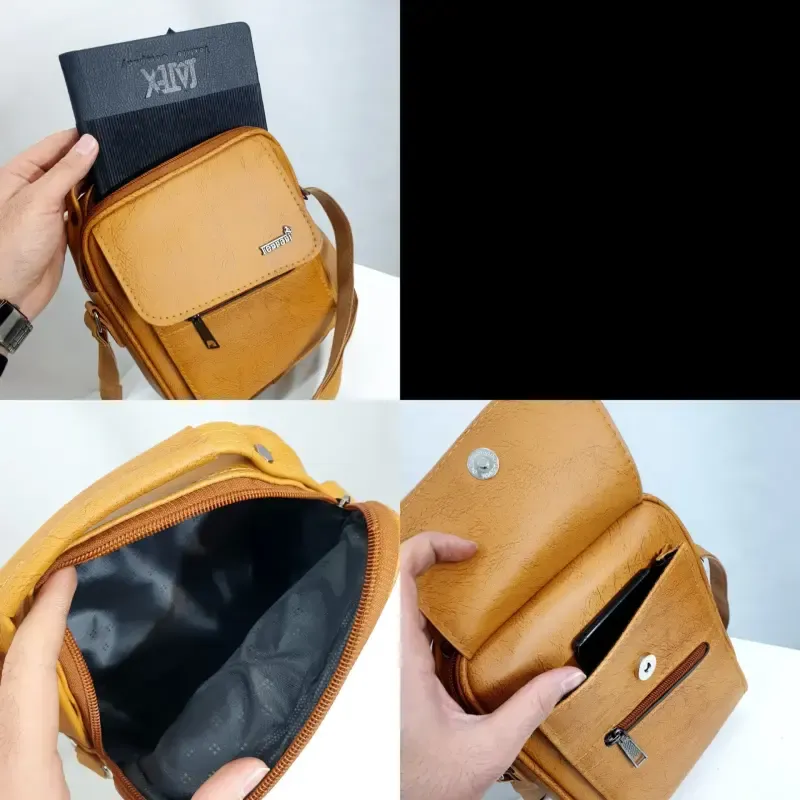 کیف دوشی چرمی اسپرت بزرگ چرم صنعتی مشکی خردلی قهوهای تیره - تصویر 5