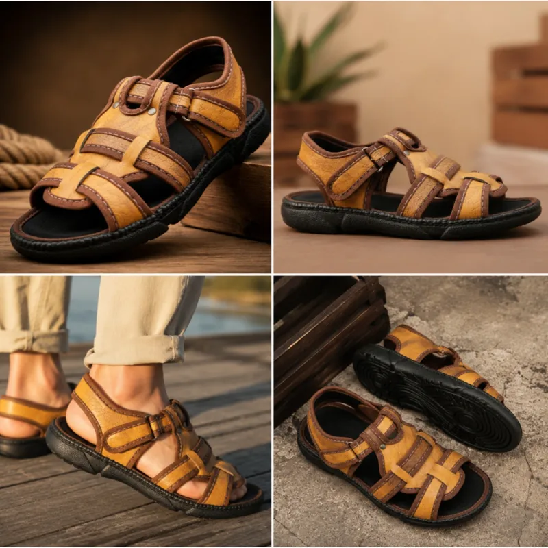 صندل مردانه تابستانی مدل پوشکاش طبی و سبک رویه چرم ترکیبی رنگ مشکی و قهوه ای - تصویر 4